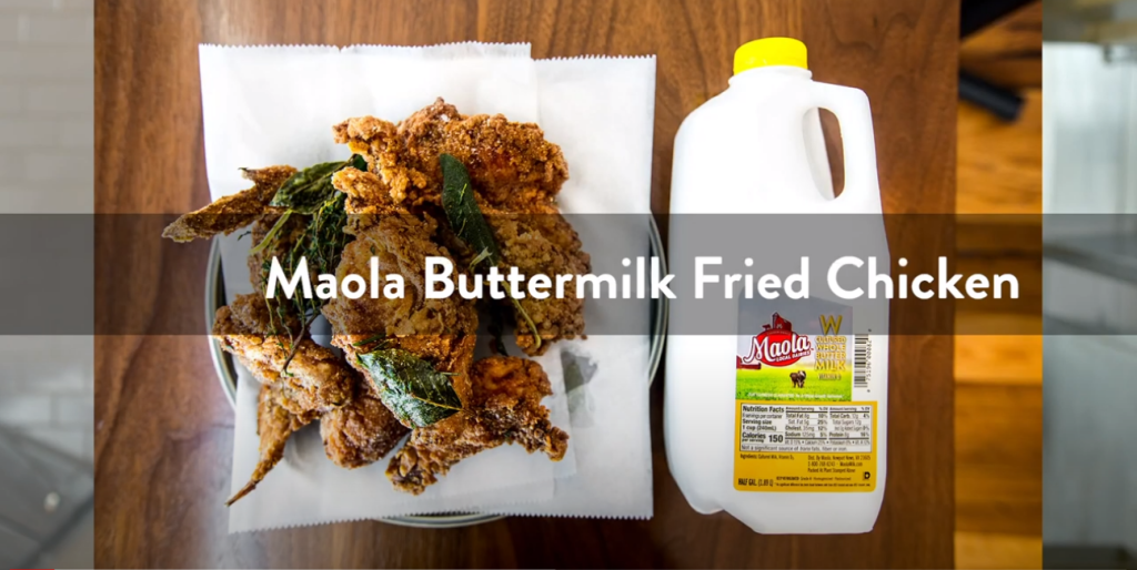 fried chicken, maola whole buttermilk carton and overlayed text reading maola buttermilk fried chicken